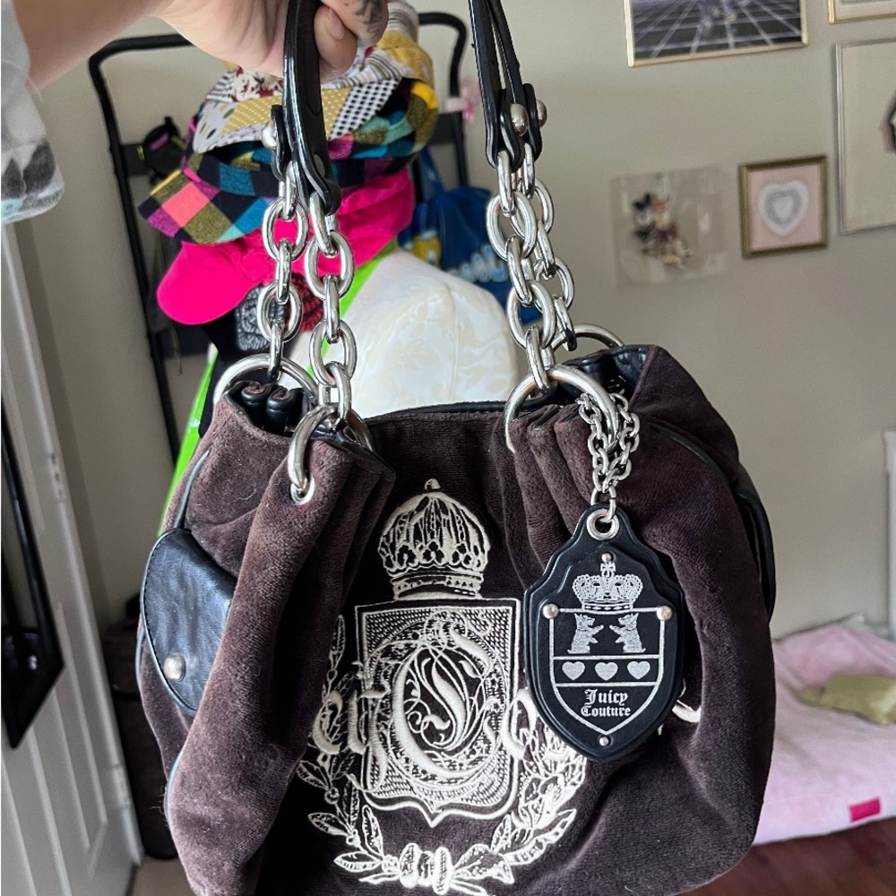 Vintage Y2K Juicy Couture Brown Silver Shoulder Bag with Chain Strap